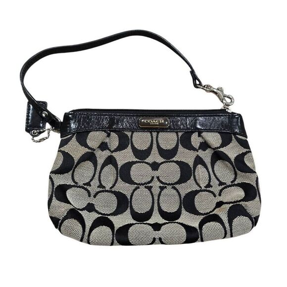 Coach Signature Womens Gray Black Canvas Leather Trim Monogram Designer Wristlet - Picture 1 of 6